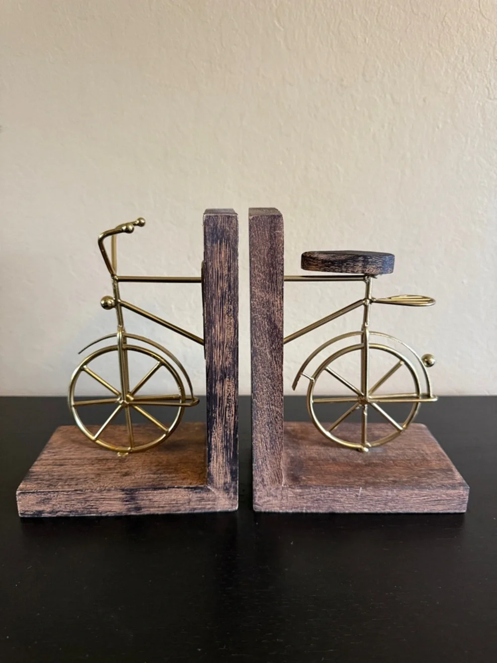 Vintage inspired Gold Metal Bicycle Bookends with Rustic Wood Base - Pair